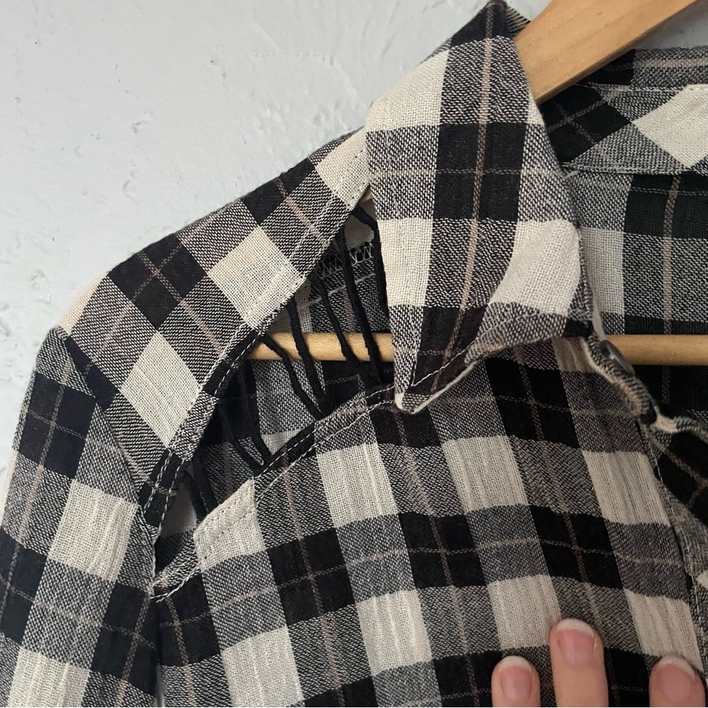 Free People Black White Checkered Gauzy Flannel Button up Top with Cutouts XS - Picture 3 of 6